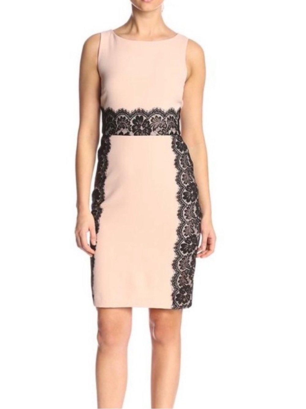 The Limited Blush Pink Midi Sheath Dress with Black Lace Panels